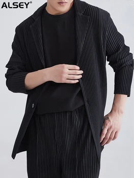 ALSEY Miyake issey Miyake Japon Pilili Takım Elbise Ceket Takım Elbise Yaka Premium Sense Tek Göğüslü Gevşek günlük giysi Erkek Giyim Ceketler Erkekler için