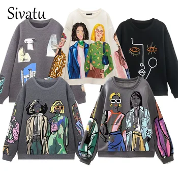 Sivatu TRAF Kadın Tişörtü 2023 Güzellik Kızlar Baskı Rahat Tişörtü Kadın O Boyun Hoodies Şık Kazaklar Tops