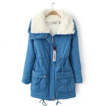 Kış pamuklu ceket Kadın Düz Renk Kore Orta uzunlukta İpli Cinched Bel Yün Pamuk Kadın Ceket