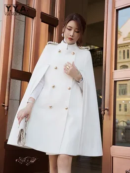 Yeni Beyaz Kadın Kruvaze Pelerin Yün Karışımları Zarif Bayanlar Orta Uzun Standı Yaka Pelerin Dış Giyim Palto Vintage Palto