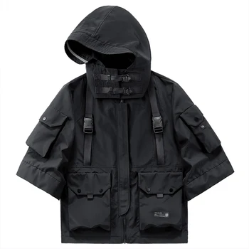 ARENS 2023 Yaz Taktik Ceketler Erkekler Yarım Kollu Fonksiyonel Çok Cepler Mont Hip Hop Japon Tarzı Erkek Streetwear Tops