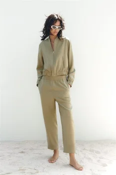 Kadın Bombacı Ceketler Cepler Fermuar Elastik Bel Vintage Uzun Kollu Ceket Rahat Düz pantolon Kadın Streetwear