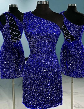 Klasik kadın Mezuniyet Elbiseleri Kılıf / Sütun Bir Omuz Kolsuz Kısa/Mini Elbise Kadife Sequins Custom Made