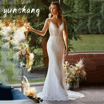 Yunshang Lüks Mermaid düğün elbisesi 2023 Beyaz Dantel Aç Geri V Yaka Spagetti Kayışı gelin kıyafeti Sweep Tren Vestidos De Novia