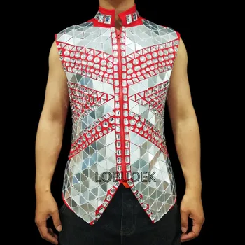 Erkek Şarkıcı Sahne Performansı Ayna Kristal Yelek Lüks Rhinestones Sequins Yelek Ceket Gece Kulübü Punk Kostüm