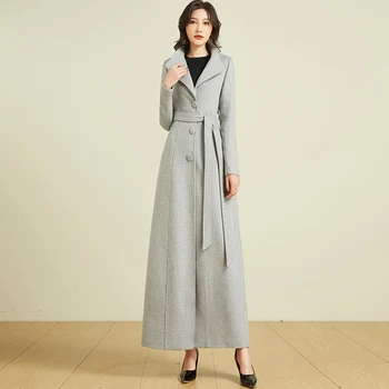 Yeni Kadın Uzun Yün Ceket Sonbahar Kış Moda Turn-aşağı Yaka Kemer İnce Yün Karışımları Palto Zarif Gri Overlength Ceket