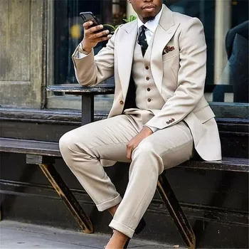 Yeni Moda Erkek Takım Elbise 3 Parça Tepe Yaka Slim Fit Kostüm Homme Damat Smokin Düğün Balo Suit Terno Masculino Ceket + Yelek + Pantolon
