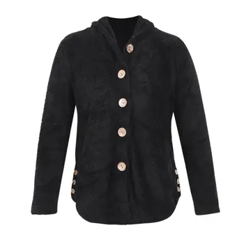 Bayan Ceket Büyük Boy Düğme Peluş Üstleri Kapşonlu Gevşek Hırka Dış Giyim Kış Ceket, Siyah XXL