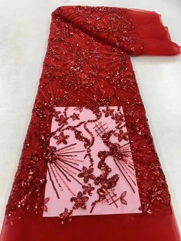 High-end El Yapımı Boncuklu Dantel Kumaş Kırmızı Nakış Fransız Dantel düğün elbisesi İşlemeli Aqua Tül Sequins Kumaş Zx