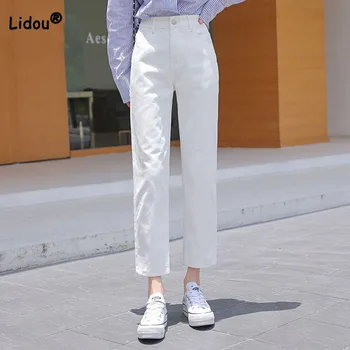 Kadın Giyim Rahat Düz Renk Yüksek Bel Kot Pantolon İlkbahar Yaz Yeni Kore Tüm Maç Düz Düğme Kırpılmış Pantolon