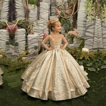 Çiçek Kız Elbise Pullu Aplike Yay Düğün Parti Balo Tam Kollu Doğum Günü Pageant Elbise