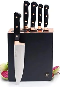 ve Bloklu Altın Bıçak Seti-Bloklu 6'lı Lüks Altın Mutfak Bıçağı Seti Kendinden Bileylemeli-Kendinden Bileylemeli Modern Bıçak Seti