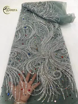 Son El Yapımı Sequins Dantel Kumaşlar Afrika Boncuklu Tüp İşlemeli Tül Lüks Taşlar ile Dikiş Kumaş Parti Elbise İçin