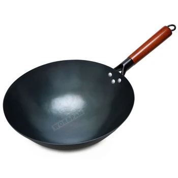 30/32/34cm Geleneksel demir wok,kaplamasız Woks El dövme Mutfak PanWooden Kolu Wok Mutfak Gaz Pot Tencere