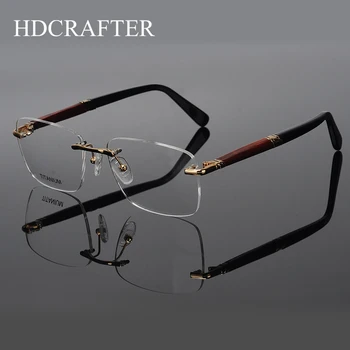 HDCRAFTER Titanyum Çerçevesiz Gözlük Çerçevesi Erkekler Ahşap Optik Gözlük Çerçevesi Reçete Miyopi Hipermetrop Gözlük gözlük