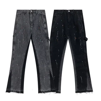 2023 GALERİ BÖLÜMÜ Eklenmiş Yıkama Vintage Kot erkek ve kadın Yüksek Sokak Benekli Pantolon Mikro Düzensiz rahat pantolon