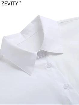 Zevity Kadın Moda Beyaz Renk Kısa Önlük Bluz Kadın Flap Cep Göğüslü Gömlek Şık Chemise Kırpılmış Blusas Tops LS3399