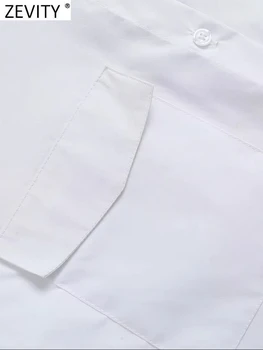 Zevity Kadın Moda Beyaz Renk Kısa Önlük Bluz Kadın Flap Cep Göğüslü Gömlek Şık Chemise Kırpılmış Blusas Tops LS3399