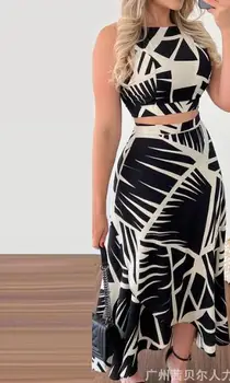 Moda İki Parçalı Setleri Kadınlar için Geometrik Baskı Kolsuz Tank Top Seksi Zarif Ruffled Uzun Etek Seti Kadın yaz kıyafetleri