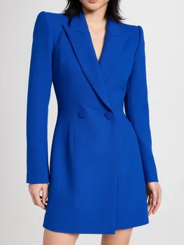 2023 Bahar Takım Elbise Yaka İnce Moda OL Ofis Bayan Orta Uzun Kadınlar Katı Mavi Blazer