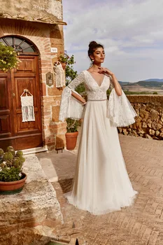 2023 Dantel V Boyun düğün elbisesi Gelin Suknia Slubna Rybka Beyaz Uzun Kollu Zarif Muhteşem Robe De Soiree Mariage Vestidos