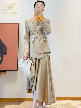 H Han Kraliçe Kadın Sonbahar Kış 2 Parça Set Dantel-Up Takım Elbise Üstleri + Basit Büyük Hem Yüksek Bel Etek Kore Meslek Etek Takım Elbise