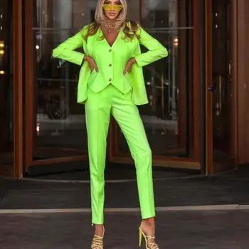 Parlak Yeşil Ince Kadın Pantolon Takım Elbise Bayanlar Balo Akşam Konuk resmi giysi Custom Made (Ceket + Yelek + Pantolon)