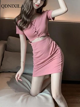 2023 Yaz Kore Moda Zarif Seksi Casual Katı kadın Elbise Pilili Push Up Bel Göbek Maruz Kısa Kollu Midi Elbiseler