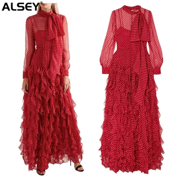 ALSEY Retro Romantik Elbise Kıdemli Moda Anlayışı Polka Dot Elbise Mizaç Akan fırfır etekli kadın uzun elbise Kırmızı Etek