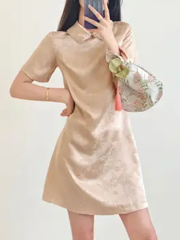 Kadın Boncuklu Bebek Boyun kalem elbise %100 % İpek Jakarlı Çin Tarzı Kısa Kollu Nazik Ve Zarif Yaz Yeni 2023