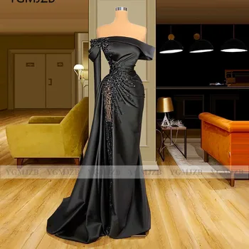 Kapalı Omuz Siyah Akşam Elbise Uzun Kollu 2020 Saten Boncuklu Kadınlar Dubai Örgün Parti Elbise Abiye giyim Abendkleider