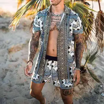 2023 Erkekler Setleri Baskı Yaka Kısa Kollu Casual Gömlek plaj şortu Yaz Streetwear Tatil Hawaii Takım Elbise