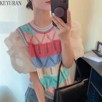 Fransız O-Boyun Dalga Çizgili Eklenmiş Puf Kısa Kollu Kazak Kadın Örme T-shirt Yaz Yeni Hollow Out Kazak Triko Tops