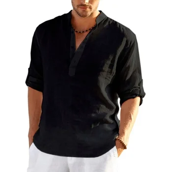 Nowa męska lniana   jednokolorowa koszula z długim rękawem koszula z mieszanki bawełny i lnu rozmiar