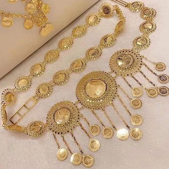 Yeni Orta Doğu Tarzı Kemer Metal Zincir Sikke Püsküller Kemer Uzun Ayarlanabilir Uzunluk Düğün Kaftan elbise kemeri Altın Rengi