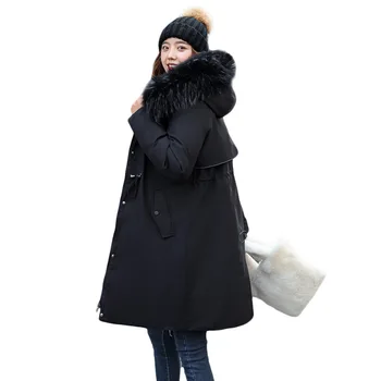 2023 Orta uzunlukta Kapşonlu Kürk yaka Ceket kadın Kış Yeni Stil Moda Gevşek Kalın Peluş İç Aşağı pamuklu ceket