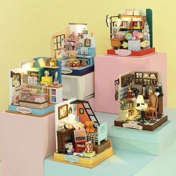 Dıy Ahşap Mini Sahneleri Bebek Evleri Minyatür Yapı Kitleri Mobilya Kahve Tatlı Mağaza Dollhouse Oyuncaklar Yetişkinler İçin Hediyeler