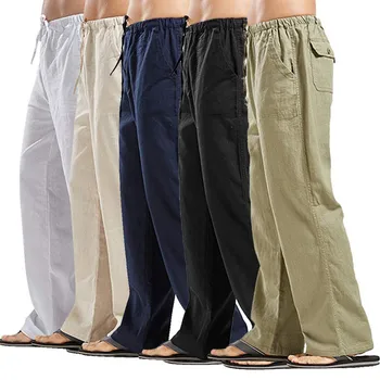 Yaz Erkek Düz Renk Keten Çok cep Düz rahat pantolon Artı Büyük Boy Nefes Rahat İpli Gevşek Pantolon