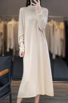 Sonbahar Kış kadın Kazak uzun elbise Jumper Kadın Kazak Uzun Kollu Küçük Balıkçı Yaka Gevşek Büyük Boy %100 % Yün Örme