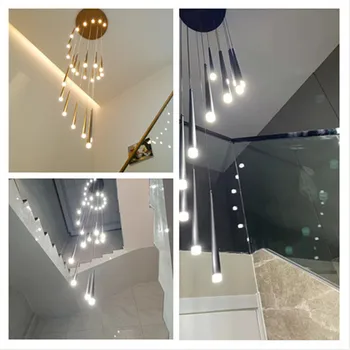 Merdiven avize Modern dubleks apartman oturma odası kolye lambaları Nordic restoran Loft siyah uzun LED asılı ışıklar