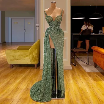 2023 Spagetti Sapanlar Zarif Vestido De Gala Yeşil Pullu Mermaid balo kıyafetleri Kadınlar Örgün Parti Gece Yan Bölünmüş gece elbisesi