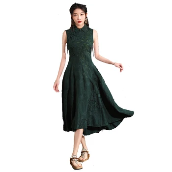2023 Yeni Yaz kadın Nakış Cheongsam Elbise El Yapımı Düğme Retro Tank Top Etek Yeşil FS1371