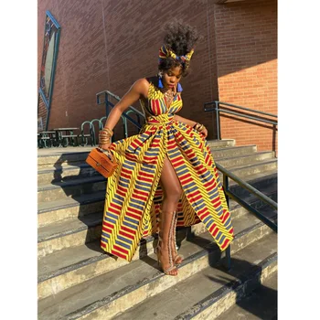 Indie Tarzı Afrika Elbiseler Kadınlar için Çiçek Dashiki Baskı Maxi Elbise Uzun Yaz Moda 2023 Bandaj Zarif afrika kıyafeti