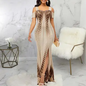 Moda 3D Dijital Baskı Elbiseler Bandeau Bel Sıkı kısa kollu parti elbisesi Kadın Soğuk Omuz Sling Bölünmüş Hem Maxi Vestido