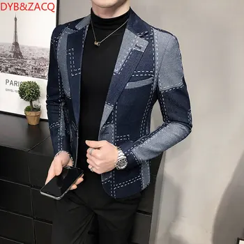 DYB & ZACQ Sonbahar Blazers Erkekler Slim Fit İngiliz Ekose resmi kıyafet Ceket Erkek Parti Düğün İş Slim Fit Rahat Ceket Smokin