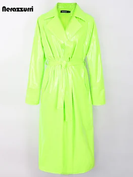 Nerazzurri Bahar Sonbahar Uzun Boy Parlak Yeşil Pembe Patent Deri Trençkot Kadın Sashes Lüks tasarımcı kıyafetleri