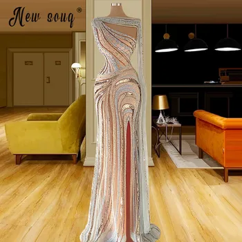 Lüks Boncuklu Uzun Mermaid Suudi Arapça Sparkly gece elbisesi 2021 Seksi Bölünmüş Yan Robe De Soiree Örgün Balo Parti Elbiseler