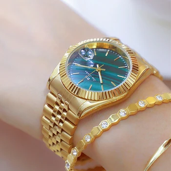 Klasik Yeşil Kadran Kadın Saatler Altın Gümüş Paslanmaz Çelik Bilezik Kuvars Bayanlar İzle Kadın Su Geçirmez takvimli saatler
