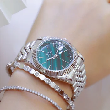 Klasik Yeşil Kadran Kadın Saatler Altın Gümüş Paslanmaz Çelik Bilezik Kuvars Bayanlar İzle Kadın Su Geçirmez takvimli saatler