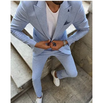Erkekler İçin takım elbise moda ışık mavi Slim Fit 2 Parça Ceket pantolon seti Damat Düğün Doruğa Yaka Smokin erkek resmi iş Blazer